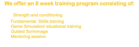 We offer an 8 week training program consisting of: Strength and conditioning Fundamental Skills training Game Simulation/ situational training Guided Scrimmage Mentoring session