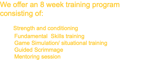 We offer an 8 week training program consisting of: Strength and conditioning Fundamental Skills training Game Simulation/ situational training Guided Scrimmage Mentoring session